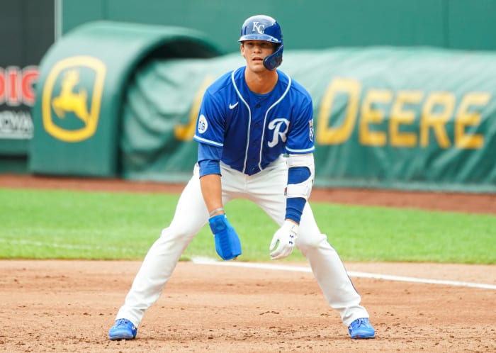 Jul 21, 2020; Kansas City, Missouri, USA; Kansas City Royals shortstop Bobby Witt (90) leads off from first base against the Houston Astros at Kauffman Stadium. Mandatory Credit: Jay Biggerstaff-USA TODAY Sports